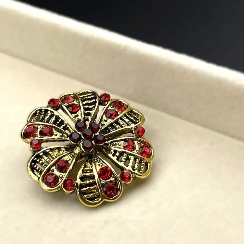Yellow Gold with Ruby Red and Garnet Red Crystal Round Flower Pin Back Brooch